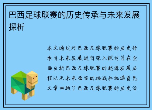 巴西足球联赛的历史传承与未来发展探析